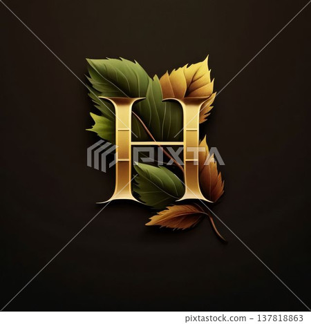 Golden letter H with autumn leaves on a dark background. Design element for logo, emblem, sign. 137818863