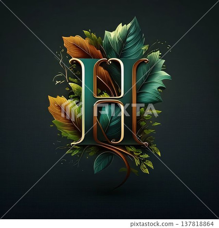 Elegant letter H with tropical leaves on a dark background. 137818864