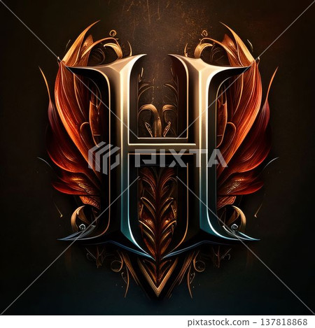 Fantasy letter H with floral ornament on a dark background. 3D illustration. Fantasy letter H with floral ornament on a dark background. 3D illustration. 137818868