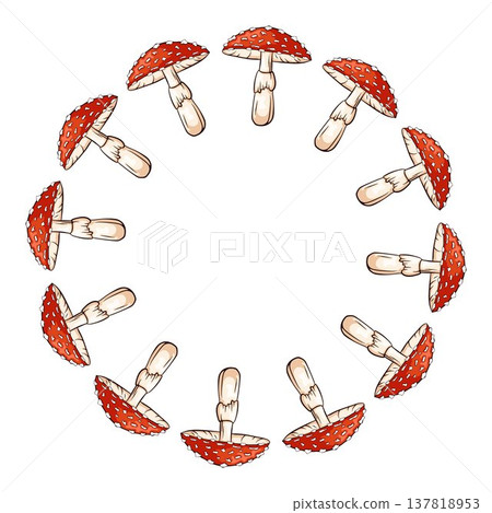Fly agaric inedible mushroom wreath in cartoon style. Decorative forest fungi composition isolated on white background for menu design, nature theme and kitchen wallpaper. Fly agaric inedible mushroom wreath in cartoon style. Decorative forest fungi composition isolated on white background for menu design, nature theme and kitchen wallpaper. 137818953