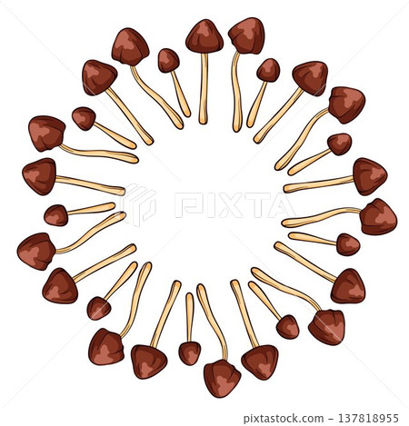 Conocybe Filaris inedible mushroom wreath in cartoon style. Decorative forest fungi isolated on white background for menu design, organic packaging and kitchen theme. Conocybe Filaris inedible mushroom wreath in cartoon style. Decorative forest fungi isolated on white background for menu design, organic packaging and kitchen theme. 137818955