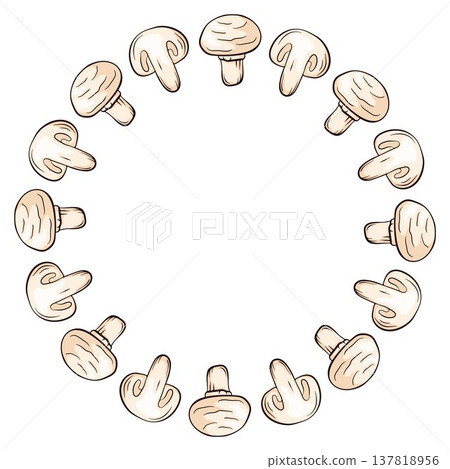 Wreath with champignon mushroom in cartoon style. Decorative food isolated on white background for menu design, organic package and kitchen wallpaper. Wreath with champignon mushroom in cartoon style. Decorative food isolated on white background for menu design, organic package and kitchen wallpaper. 137818956