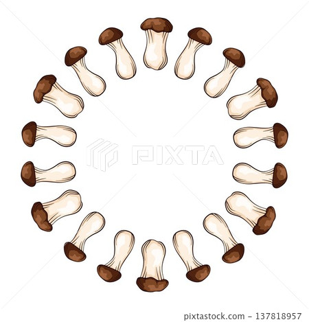 Circular frame with king trumpet oyster mushroom in cartoon style. Decorative natural food composition for kitchen design, restaurant packaging and culinary theme. Circular frame with king trumpet oyster mushroom in cartoon style. Decorative natural food composition for kitchen design, restaurant packaging and culinary theme. 137818957