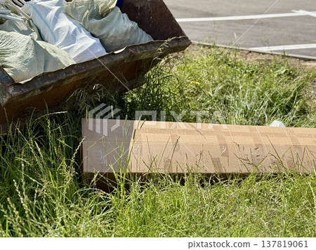 An Old and Rusty Dump Container That is Surrounded by Lush, Overgrown Grass and Weeds. A weathered metal dumpster overflowing with various debris, positioned against a backdrop of lush tall grass. 137819061