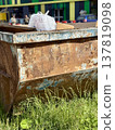 An Old and Rusty Dump Container That is Surrounded by Lush, Overgrown Grass and Weeds. A weathered metal dumpster overflowing with various debris, positioned against a backdrop of lush tall grass. 137819098