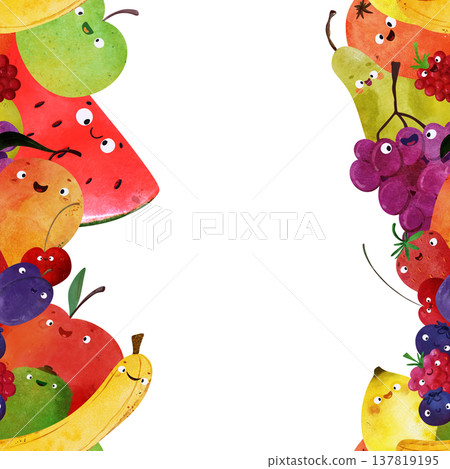 fruit seamless pattern with happy smiling faces: watermelon, mango, banana, apple, pear, grapes, berries, plum, strawberry. Ideal for posters, healthy food themes, summer party fruit seamless pattern with happy smiling faces: watermelon, mango, banana, apple, pear, grapes, berries, plum, strawberry. Ideal for posters, healthy food themes, summer party 137819195