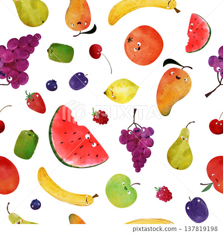 Fruit seamless pattern with happy smiling faces: watermelon, mango, banana, apple, pear, grapes, berries, plum, strawberry. Ideal for posters, healthy food themes, summer party Fruit seamless pattern with happy smiling faces: watermelon, mango, banana, apple, pear, grapes, berries, plum, strawberry. Ideal for posters, healthy food themes, summer party 137819198