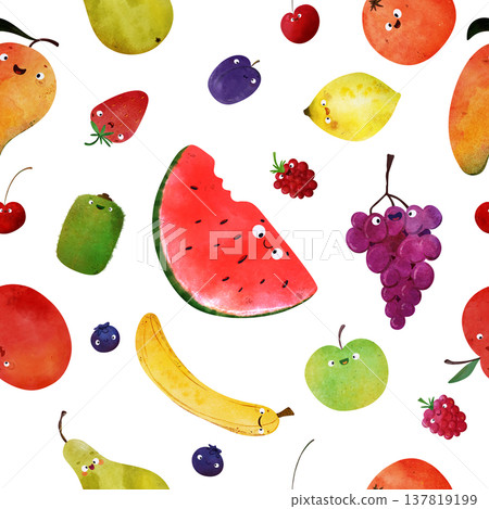 Fruit seamless pattern with happy smiling faces: watermelon, mango, banana, apple, pear, grapes, berries, plum, strawberry. Ideal for posters, healthy food themes, summer party Fruit seamless pattern with happy smiling faces: watermelon, mango, banana, apple, pear, grapes, berries, plum, strawberry. Ideal for posters, healthy food themes, summer party 137819199