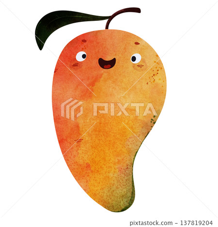Cute kawaii mango with eyes and happy smile in adorable children's illustration style. Playful watercolor, vibrant orange tones. Perfect for kids food themes, healthy food themes, summer party Cute kawaii mango with eyes and happy smile in adorable children's illustration style. Playful watercolor, vibrant orange tones. Perfect for kids food themes, healthy food themes, summer party 137819204