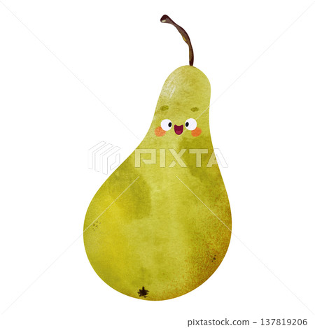 Cute kawaii pear with eyes and happy smile in adorable children's illustration style. Playful watercolor, vibrant orange tones. Perfect for kids food themes, healthy food themes, summer party Cute kawaii pear with eyes and happy smile in adorable children's illustration style. Playful watercolor, vibrant orange tones. Perfect for kids food themes, healthy food themes, summer party 137819206