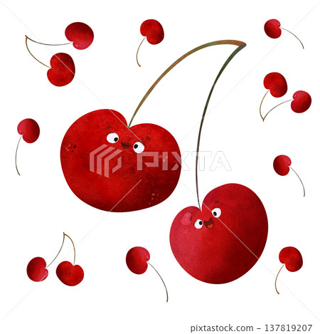 Cute kawaii cherry characters with big eyes and happy smiles, surrounded by small floating cherries in adorable children's illustration style. Ideal for kids healthy food themes, summer party 137819207