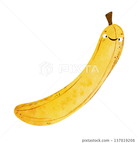 Cute kawaii banana with eyes and happy smile in adorable children's illustration style. Playful watercolor, vibrant orange tones. Perfect for kids food themes, healthy food themes, summer party 137819208