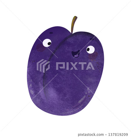 Cute kawaii plum with eyes and happy smile in adorable children's illustration style. Playful watercolor, vibrant orange tones. Perfect for kids food themes, healthy food themes, summer party 137819209