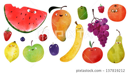 Kawaii fruit clipart set happy faces: watermelon, mango, banana, grapes, pear, lemon, apple, plum, strawberry, blueberry, cherry, raspberry, orange Ideal for posters, summer party, healthy food themes Kawaii fruit clipart set happy faces: watermelon, mango, banana, grapes, pear, lemon, apple, plum, strawberry, blueberry, cherry, raspberry, orange Ideal for posters, summer party, healthy food themes 137819212