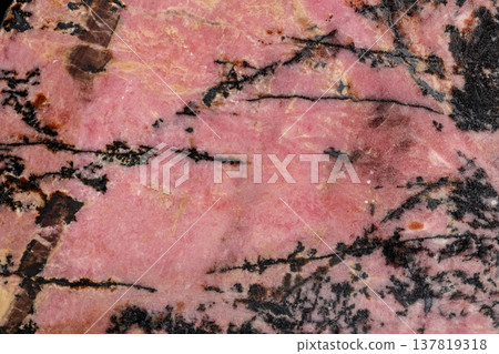 Macro stone Rhodonite mineral on a black background Macro stone Rhodonite mineral on a black background 137819318