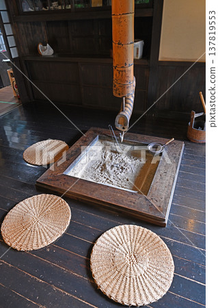 A traditional scene unfolds in the wooden-floored room of an old farmhouse: a hearth quietly standing and warm straw cushions providing comfort. 137819553