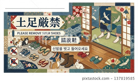 室內禁止穿鞋海報範本 - 支援多種語言（英文、中文、韓文） - 適用於旅館、餐廳和標示牌 137819585