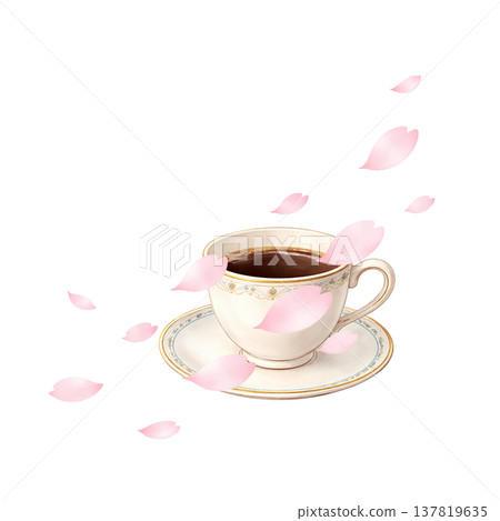 Cherry blossoms and coffee, spring, cafe time, cherry blossom blizzard, watercolor illustration material 137819635