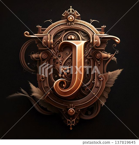Vintage letter J with floral ornament on black background. 3D rendering Vintage letter J with floral ornament on black background. 3D rendering 137819645