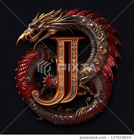 Dragon letter J on a black background. 3d render. Illustration. Dragon letter J on a black background. 3d render. Illustration. 137819659