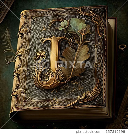 Book cover with decorative elements. 3D illustration. Vintage style. Letter I. Book cover with decorative elements. 3D illustration. Vintage style. Letter I. 137819696