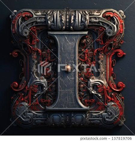 Vintage metal frame on a black background. 3d render. Letter I. Vintage metal frame on a black background. 3d render. Letter I. 137819706