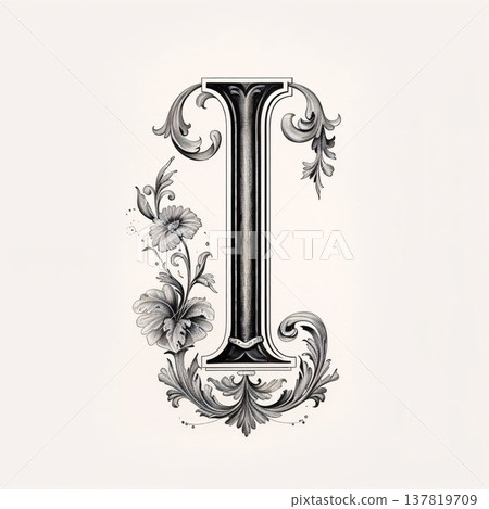 Luxury capital letter I with floral ornament. Hand-drawn illustration. Luxury capital letter I with floral ornament. Hand-drawn illustration. 137819709