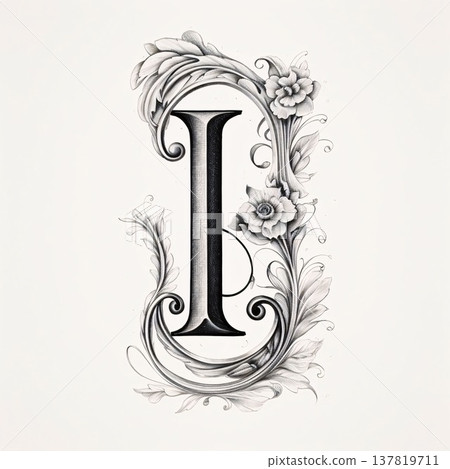 Vintage capital letter I with flowers and leaves. Hand-drawn illustration. Vintage capital letter I with flowers and leaves. Hand-drawn illustration. 137819711