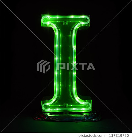 Neon light letter I on black background. Green font. 3D rendering 137819720