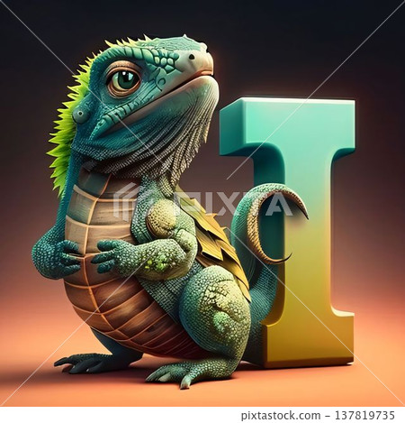 Iguana and letter I on a dark background. 3d rendering Iguana and letter I on a dark background. 3d rendering 137819735