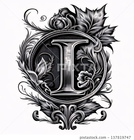 Luxury monogram with floral ornament. Letter I in the center. 137819747