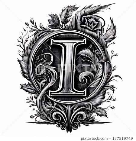 Luxury monogram with floral ornament in black and white. Letter I. Luxury monogram with floral ornament in black and white. Letter I. 137819749