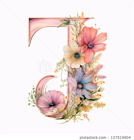 letter J with flowers and leaves. Floral font. Watercolor illustration 137819804