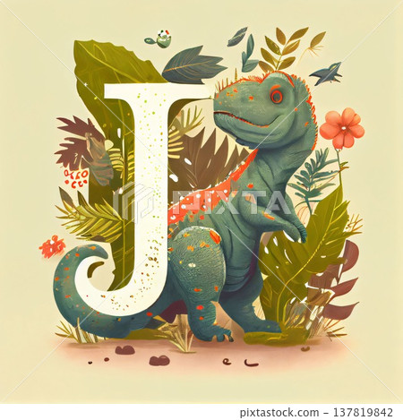 Cute letter J with cute dinosaur and flowers. Vector illustration. 137819842