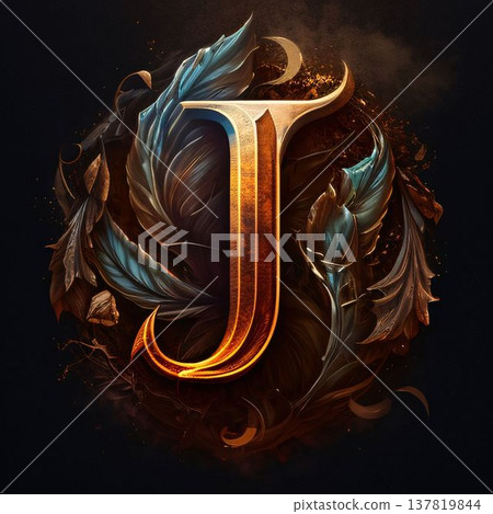 Letter J with stylized feathers and flames on the black background. 137819844