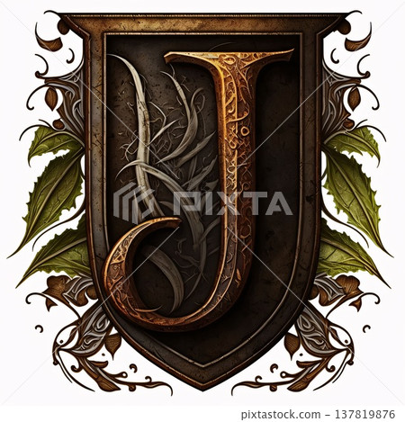 Luxury capital letter J with floral ornament in vintage style. 137819876