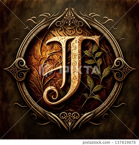 Luxury floral ornament in the form of a shield with letter J 137819878