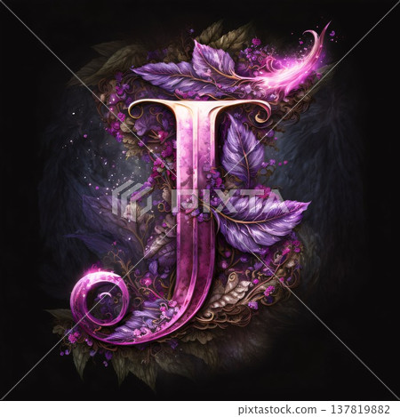 Beautiful letter J with purple flowers and leaves on black background. Beautiful letter J with purple flowers and leaves on black background. 137819882