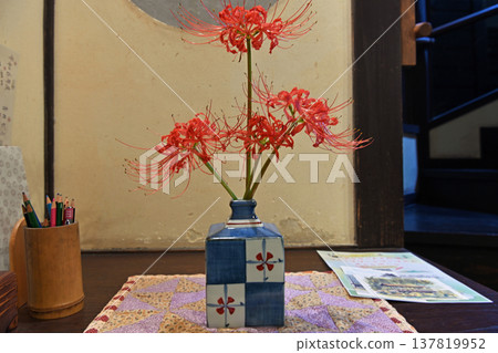 A beautiful arrangement of spider lilies and a blue and white porcelain vase in the charming space of an old Japanese house. 137819952