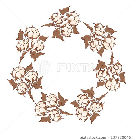 Wreath with flat style cotton branch, boll and leaves arranged in circle. Illustration background for textile print, organic packaging and invitation. Wreath with flat style cotton branch, boll and leaves arranged in circle. Illustration background for textile print, organic packaging and invitation. 137820046