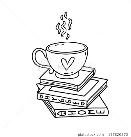 Hand drawn hygge doodle coffee cup with heart standing on stack of books icon vector illustration 137820270