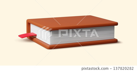 3d closed book with hardcover. Realistic 3d render of hardcover book in rich brown with vivid red bookmark nestled inside. Vector icon for library and university branding, educational app interface 3d closed book with hardcover. Realistic 3d render of hardcover book in rich brown with vivid red bookmark nestled inside. Vector icon for library and university branding, educational app interface 137820282