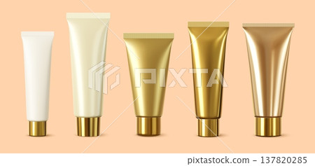 3d skincare cosmetics golden tubes with caps, realistic makeup cream mockup. Luxury skincare cream packaging mock up for branding and presentation. Vector premium beauty product containers in gold 137820285