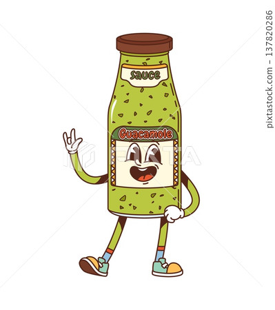 Cartoon groovy guacamole sauce bottle cheerful character. Mexican cuisine seasoning glass bowl, culinary ingredient jar groovy vector personage. Guacamole green sauce bottle character waving hand Cartoon groovy guacamole sauce bottle cheerful character. Mexican cuisine seasoning glass bowl, culinary ingredient jar groovy vector personage. Guacamole green sauce bottle character waving hand 137820286