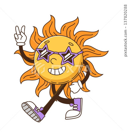 Cartoon groovy hippie sun character in sunglasses and cool vibes, vector personage. Groovy sun as rocker or hippie punk character with peace gesture, walking in hipster shoes with freaky smile on face 137820288