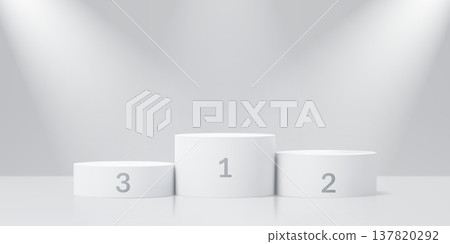Sport award podium stage pedestal, competition winner and prize stand platform. 3d vector white round platforms with first, second and third place under spotlights for sportsman victory celebration 137820292
