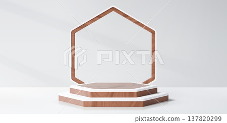 Wooden hexagon podium with frame, layered platform and geometric arch . Modern 3d vector realistic background with scene mockup for product presentation, showcase, interior display, exhibition stand Wooden hexagon podium with frame, layered platform and geometric arch . Modern 3d vector realistic background with scene mockup for product presentation, showcase, interior display, exhibition stand 137820299