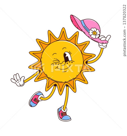 Cartoon funny groovy sun vector character with cheerful face, holding pink hat with a flower, winking and walking in vintage sneakers, creating retro hippie y2k vibe full of warm sunny nostalgic charm Cartoon funny groovy sun vector character with cheerful face, holding pink hat with a flower, winking and walking in vintage sneakers, creating retro hippie y2k vibe full of warm sunny nostalgic charm 137820322