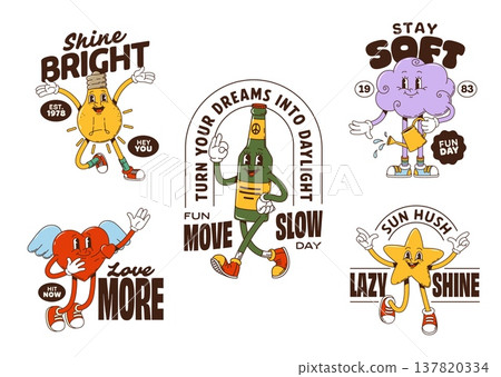 Hippie funky groovy characters stickers and t shirt prints. Cartoon vector lightbulb, bottle, cloud, heart and star retro personages with slogans as shine bright, love more, stay soft and sun hush 137820334