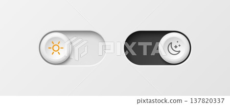 Night and day mode switch button, light or dark toggle slider. Mobile app interface states, sun and moon icons. Realistic 3d vector modern ui control element for digital application settings 137820337